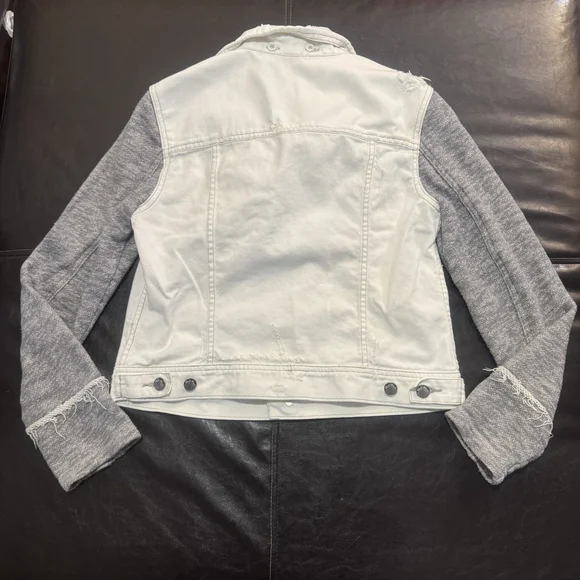 Free People Knit Sleeve Distressed Denim Jacket Size:M Removable Hood Women - Picture 9 of 13